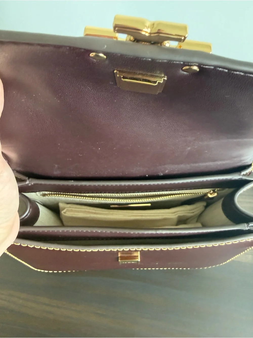 Tory Burch Convertible Chain Crossbody Bag in Burgundy with Gold Hardware